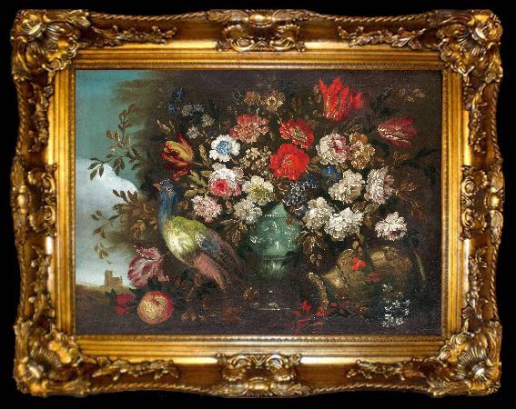 framed  Andrea Boscoli Stilleben med blommor och pafagel, ta009-2